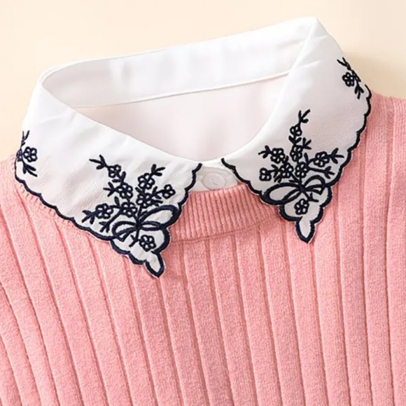 White Peter Pan Collar Blouse with Navy Floral Embroidery - Picture 2 of 4
